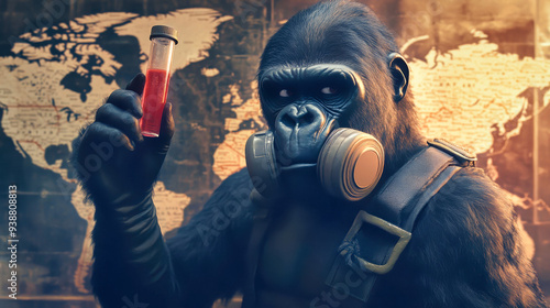 A gorilla wearing a gas mask extends a hand with a red test tube, set against a dark world map, evoking themes of epidemic and urgency photo