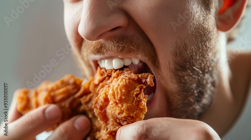 White man eating fried chicken, white background.