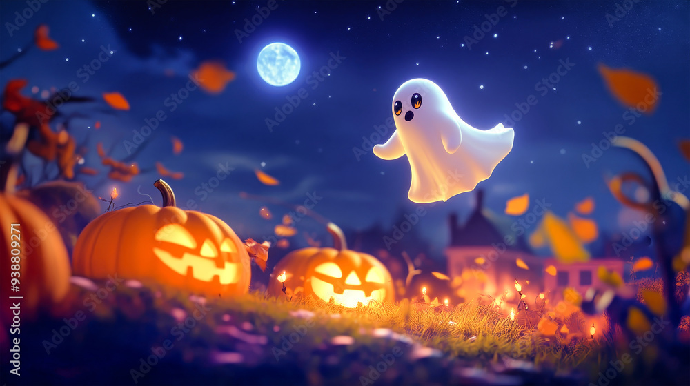 A joyful ghost floats in the sky, surrounded by glowing pumpkins and shimmering fallen leaves under the enchanting moonlight of Halloween A joyful ghost floats in the sky, surrounded by glowing pumpkins and shimmering fallen leaves under the enchanting moonlight of Halloween
