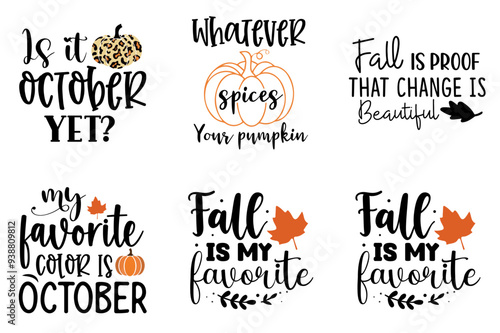 Colourful Fall Quotes, Trendy Retro Style Illustration Bundle Vector Illustration for Decal, Bookmark, Printable