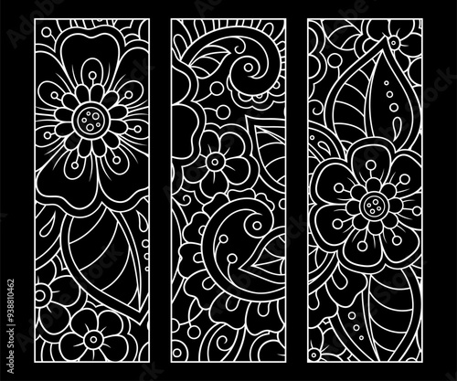 Printable bookmark for book - coloring. Set of black and white labels with flower patterns, hand draw in mehndi style. Sketch of ornaments for creativity of children and adults with colored pencils.