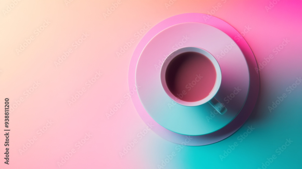 A white cup with a pink rim sits on a plate with a colorful background A white cup with a pink rim sits on a plate with a colorful background
