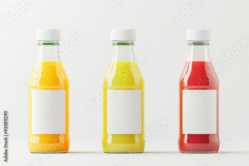 Wallpaper Mural Three bottles of juice with white labels. One is orange, one is yellow, and one is red Torontodigital.ca