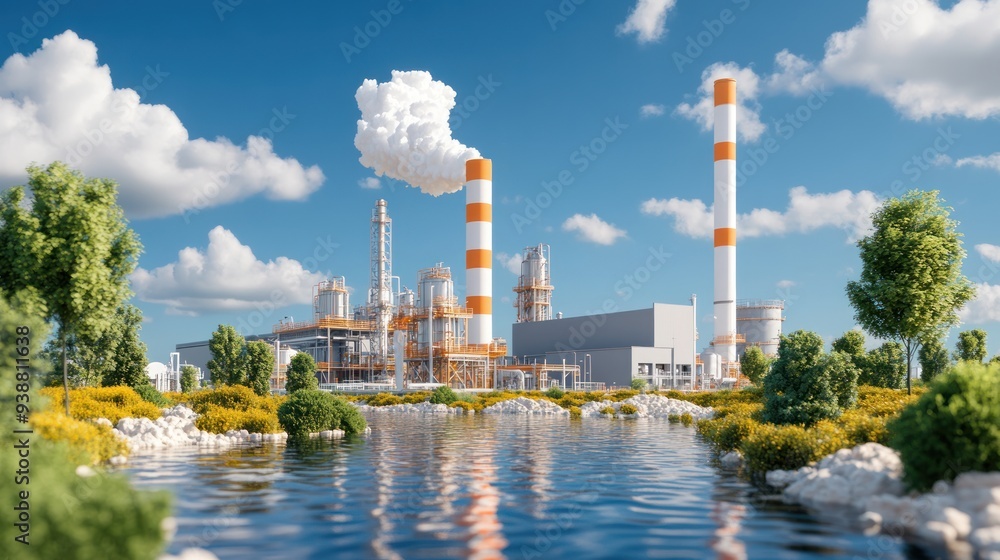 Obraz premium A biogas plant processing black toxic water into energy, with large industrial tanks and pipelines surrounded by an industrial landscape.