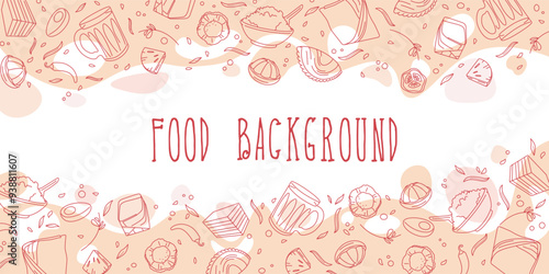Food banner background of Malaysian food, dessert, snack, sweet. Hand drawn, outline style doodle. Food Banner Template.