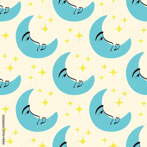 moon seamless background. Funny funkily pattern of Moon with smiling face. illustration in cartoon style