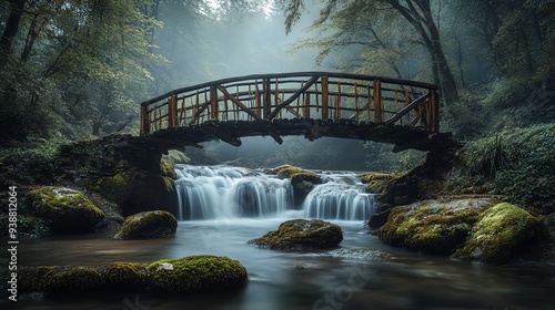 A wooden bridge over a cascading waterfall, mosscovered rocks in the stream, captured with a long exposure to blur the water, soft diffused lighting, serene atmosphere