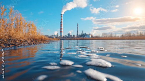 Close-up of toxic water near an industrial site, with visible waste and contaminants.