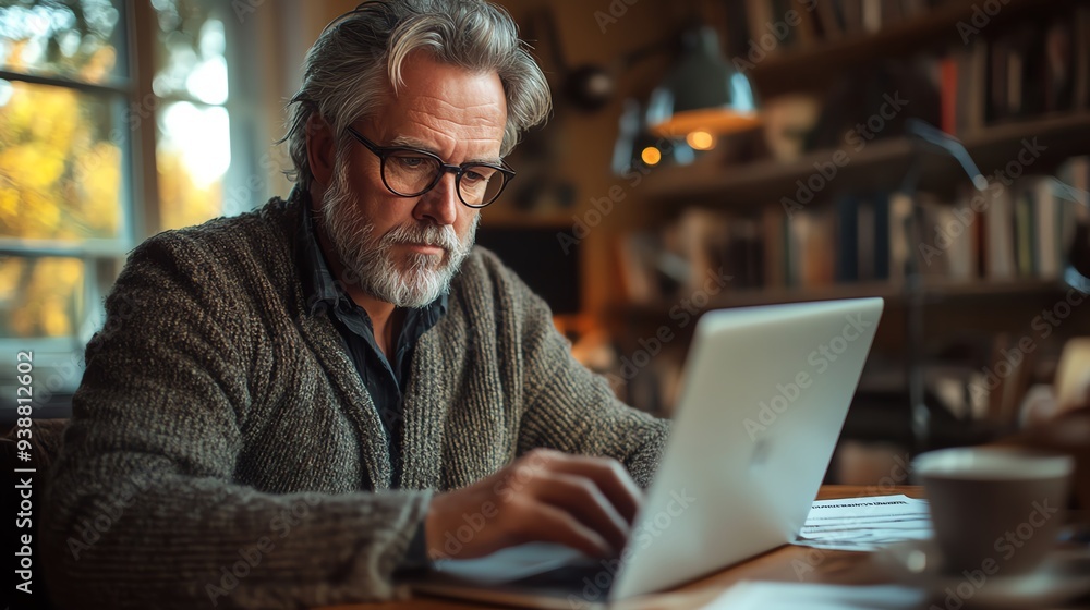 A mature man with a beard works on a laptop at his desk. He is wearing glasses and has a cup of coffee beside him. A mature man with a beard works on a laptop at his desk. He is wearing glasses and has a cup of coffee beside him.