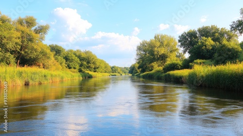 Contaminated river with visible signs of pesticide pollution from nearby agricultural areas.