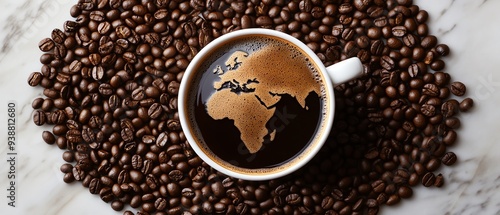 A mesmerizing coffee cup adorned with a map of the world, surrounded by rich coffee beans, perfect for coffee lovers.