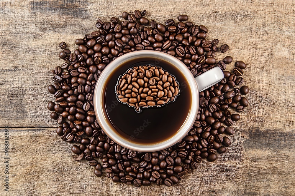 A creative coffee presentation with a cup surrounded by coffee beans, perfect for beverage and culinary themes. A creative coffee presentation with a cup surrounded by coffee beans, perfect for beverage and culinary themes.