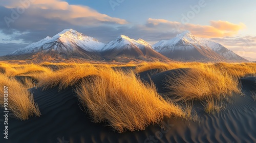 Majestic snowcapped mountains rise above black sand dunes, dried grasses swaying in the foreground, captured at sunset with soft golden light, wide panoramic shot photo