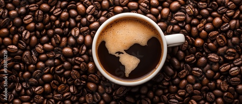 A coffee cup with a world map design in the foam, surrounded by roasted coffee beans, representing global coffee culture.