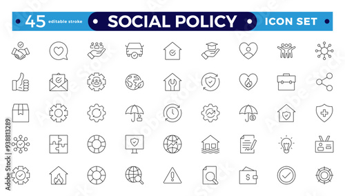 Social policy Outline web icon vector illustration concept with icons of government, society, legislation, services, health care, welfare, reform, and education. Editable stroke outline icon. 