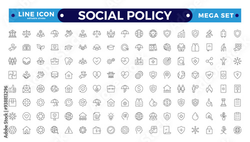 Social policy Outline web icon vector illustration concept with icons of government, society, legislation, services, health care, welfare, reform, and education. Editable stroke outline icon. 