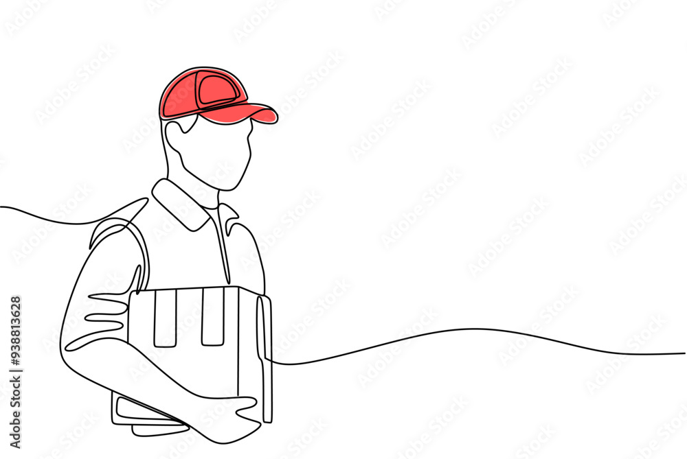 Obraz premium continuous single line drawing of delivery person holding parcel, line art vector illustration