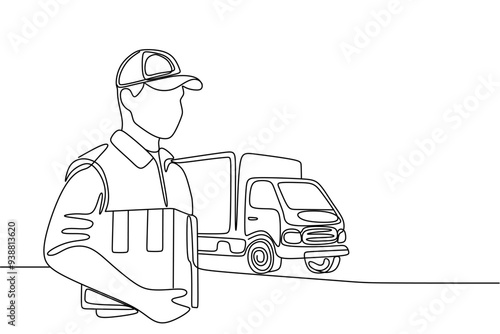 continuous single line drawing of delivery person holding parcel, line art vector illustration