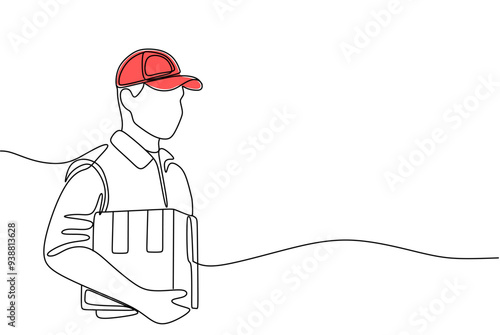 continuous single line drawing of delivery person holding parcel, line art vector illustration