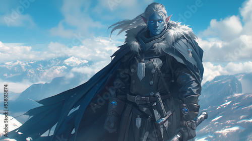 powerful drow warrior with piercing blue eyes, standing tall on a snow-covered mountain, emanating an aura of authority