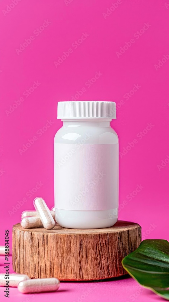 A clean white supplement bottle on a wooden surface, surrounded by capsules, against a vibrant pink background. A clean white supplement bottle on a wooden surface, surrounded by capsules, against a vibrant pink background.