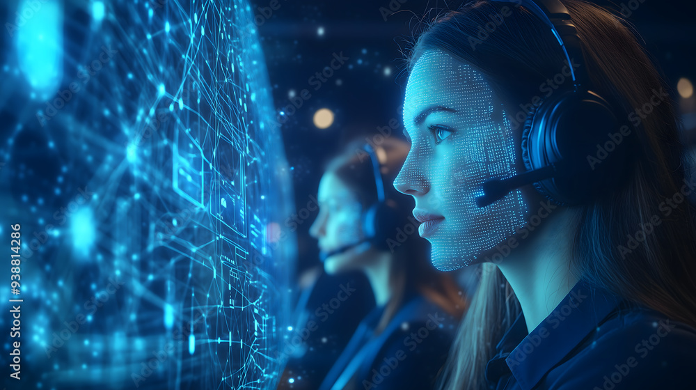 Elevating customer service with blue technology hologram of Digital on screen network, Staff women with headsets and AI interfaces. Call center with Technology Internet and network concept
Elevating customer service with blue technology hologram of Digital on screen network, Staff women with headsets and AI interfaces. Call center with Technology Internet and network concept