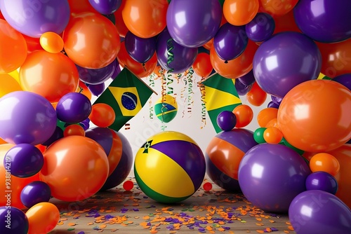 Vibrant Orange and Purple Balloons 3D Render for Brazilian Festive Celebration photo