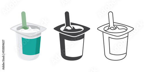 Yogurt container with a spoon icons set in flat style. Dairy product background vector illustration on isolated background. Healthy food sign business concept.