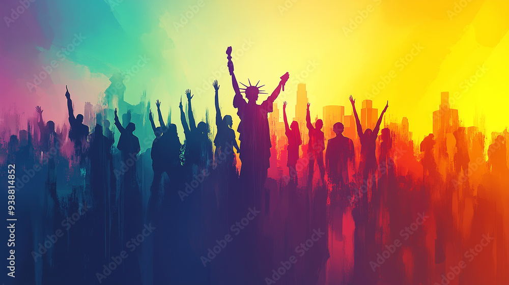 Silhouette of a Crowd of People Celebrating in Front of a City Skyline Silhouette of a Crowd of People Celebrating in Front of a City Skyline