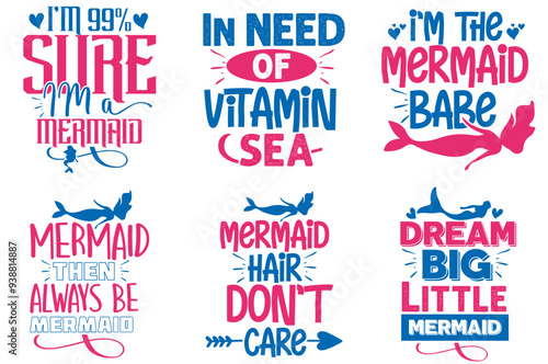 Creative Mermaid Calligraphic Lettering, Trendy Retro Style Illustration Set Vector Illustration for Sticker, Printable, Printing Press