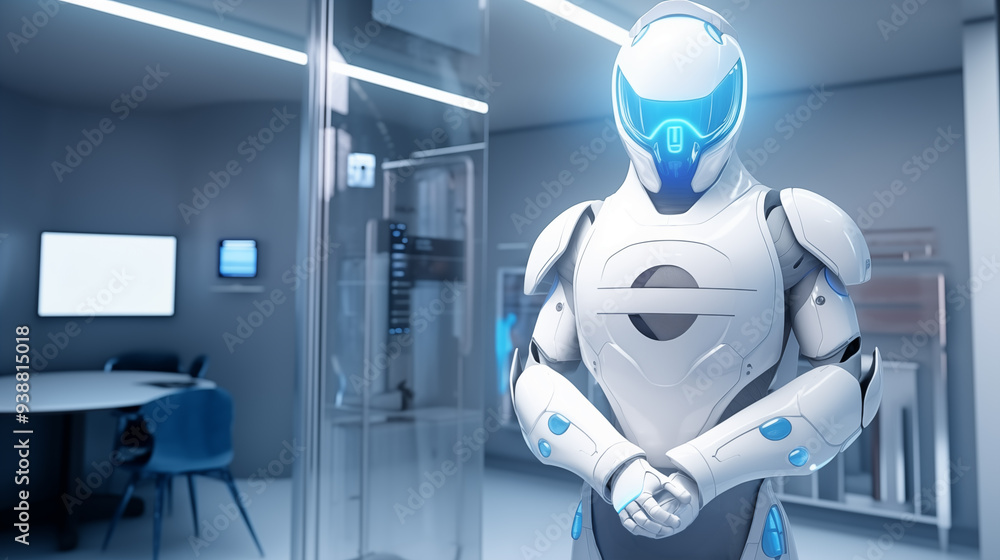 Humanoid robot in high-tech futuristic medical facility. Background with scientific setting. Futuristic doctor standing confidently in medical corridor. Medicine of the future Humanoid robot in high-tech futuristic medical facility. Background with scientific setting. Futuristic doctor standing confidently in medical corridor. Medicine of the future