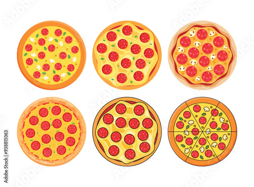 Pizza icons set in flat style. Pepperoni food vector illustration on isolated background. Pizzeria sign business concept.