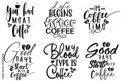 Creative Funny Coffee Calligraphy, Phrases Set Vector Illustration for Printable, Motion Graphics, Decal