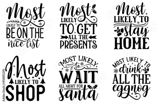 Classic Funny Christmas Calligraphic Lettering, Quotes Set Vector Illustration for Stationery, Logo, Advertising