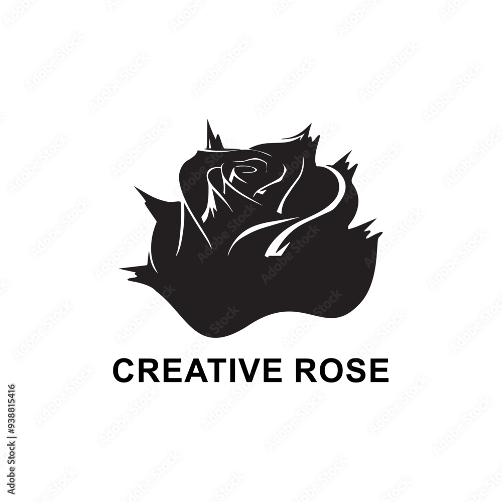 Obraz premium Minimalist black rose silhouette logo, creative rose floral icon with sharp petals, elegant botanical vector illustration for branding and tattoo design