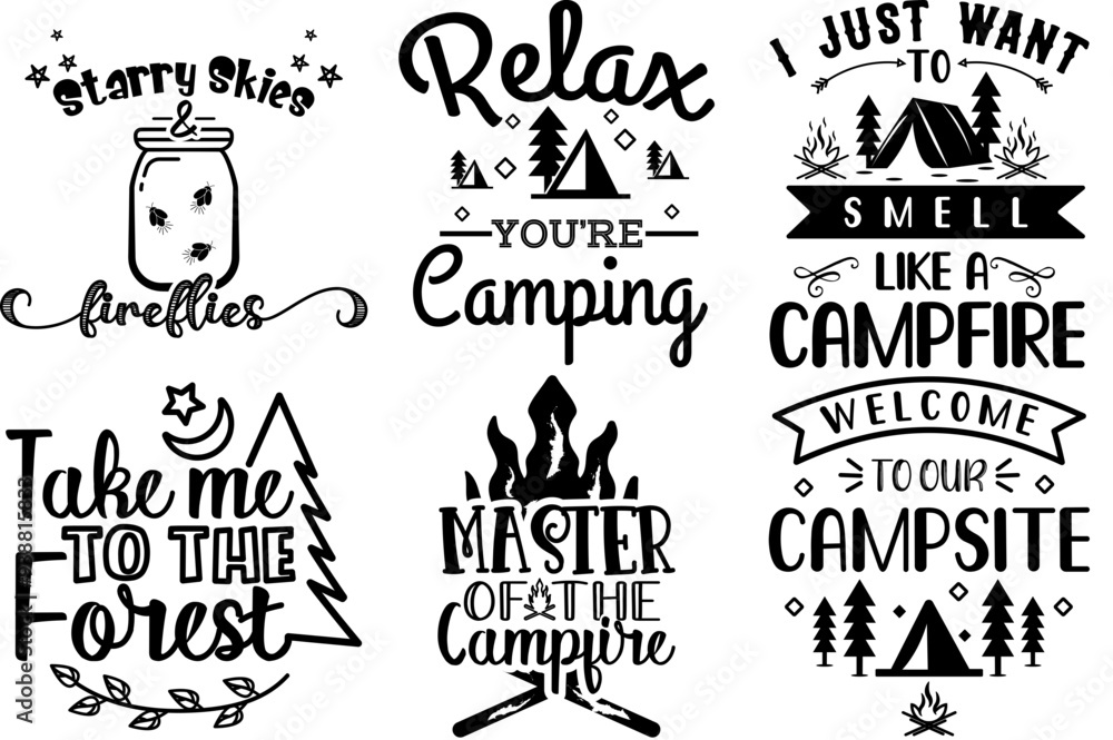 Fototapeta premium Vibrant Camping Quotes Hiking Fishing Typography, Invitation Pack Vector Illustration for Greeting Card, Postcard, Advertising