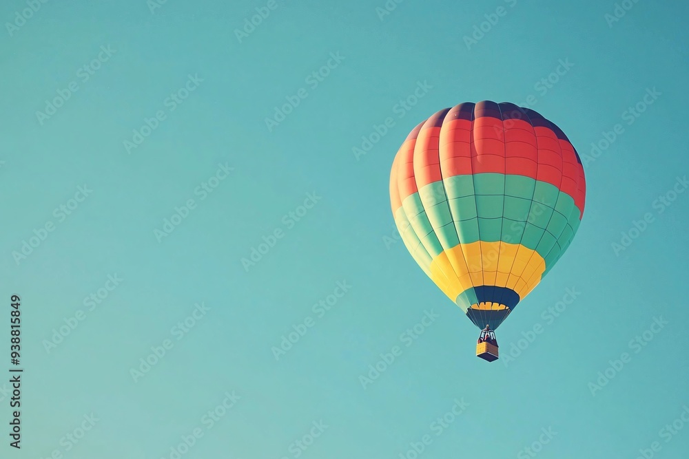 Naklejka premium An adventurous spirit soars above in a vibrant hot air balloon, gliding effortlessly through a vast expanse of clear blue sky.
