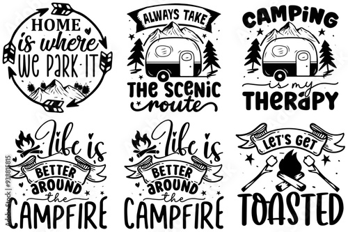 Minimal Camping Typography, Calligraphic Lettering Set Vector Illustration for T-Shirt Design, Printable, Wrapping Paper