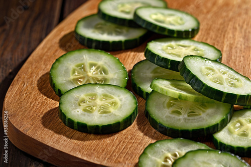 Geometric Sliced Cucumber on Wooden Surface