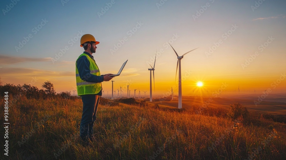 A man in a safety vest is standing in a field with a laptop A man in a safety vest is standing in a field with a laptop