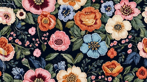 Seamless floral embroidery design featuring exquisite blooms on a deep backdrop, perfect for fabric or paper prints in fashion.