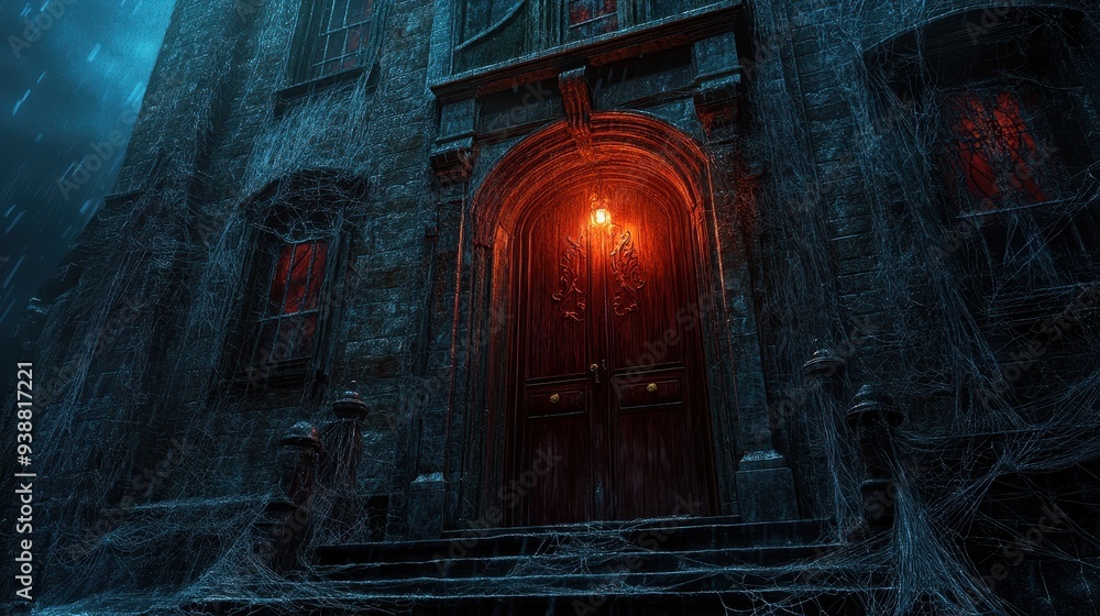 Spooky Old House Doorway With Cobwebs In Rain Spooky Old House Doorway With Cobwebs In Rain