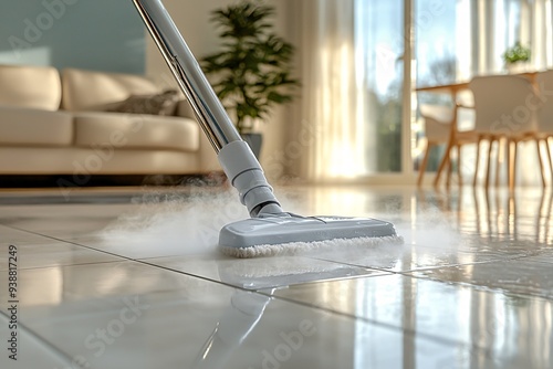 Wallpaper Mural Joyful young homemaker using a steam cleaner to tidy the floor in her house. Torontodigital.ca