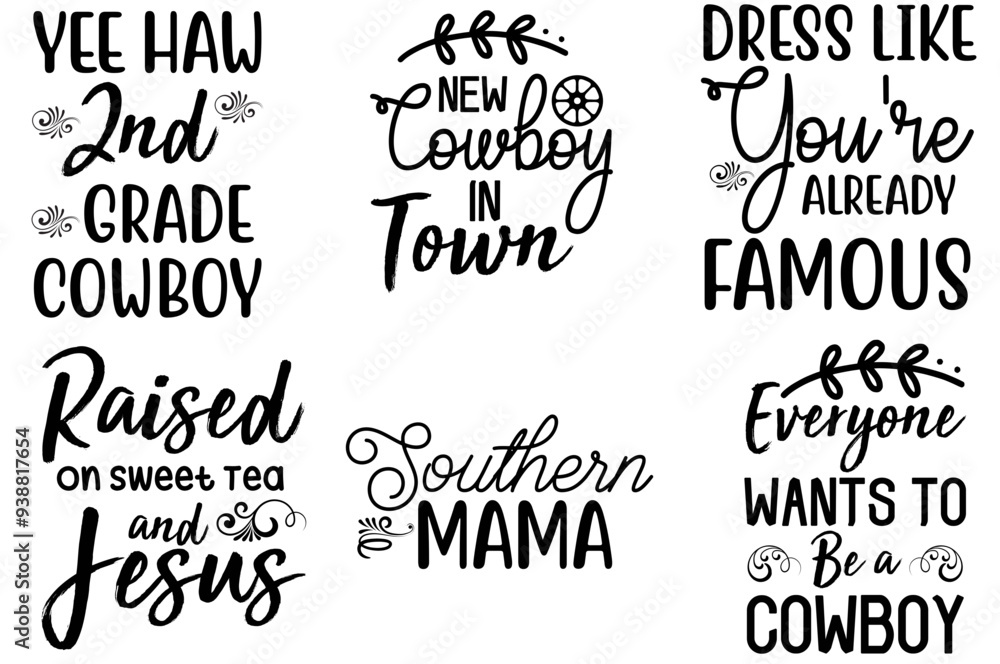 Fototapeta premium Cute Western Typographic Emblems, Calligraphic Lettering Bundle Vector Illustration for Printing Press, Label, Banner