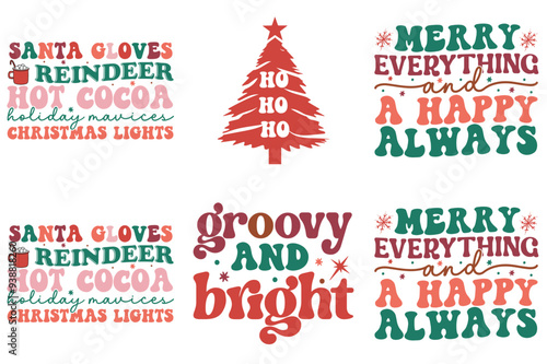 Decorative Retro Christmas Phrases, Quotes Bundle Vector Illustration for Postcard, Motion Graphics, Advertisement