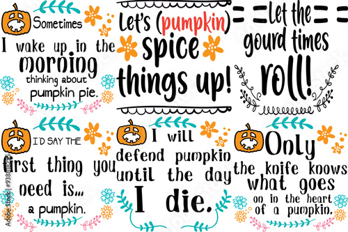 Decorative Pumpkin Typographic Emblems, Hand Lettering Set Vector Illustration for Vouchers, Logo, Gift Card