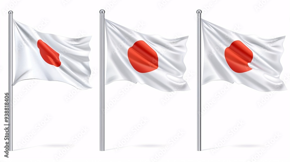 A 3D flag of Japan swaying on a pole against a white background. A 3D flag of Japan swaying on a pole against a white background.