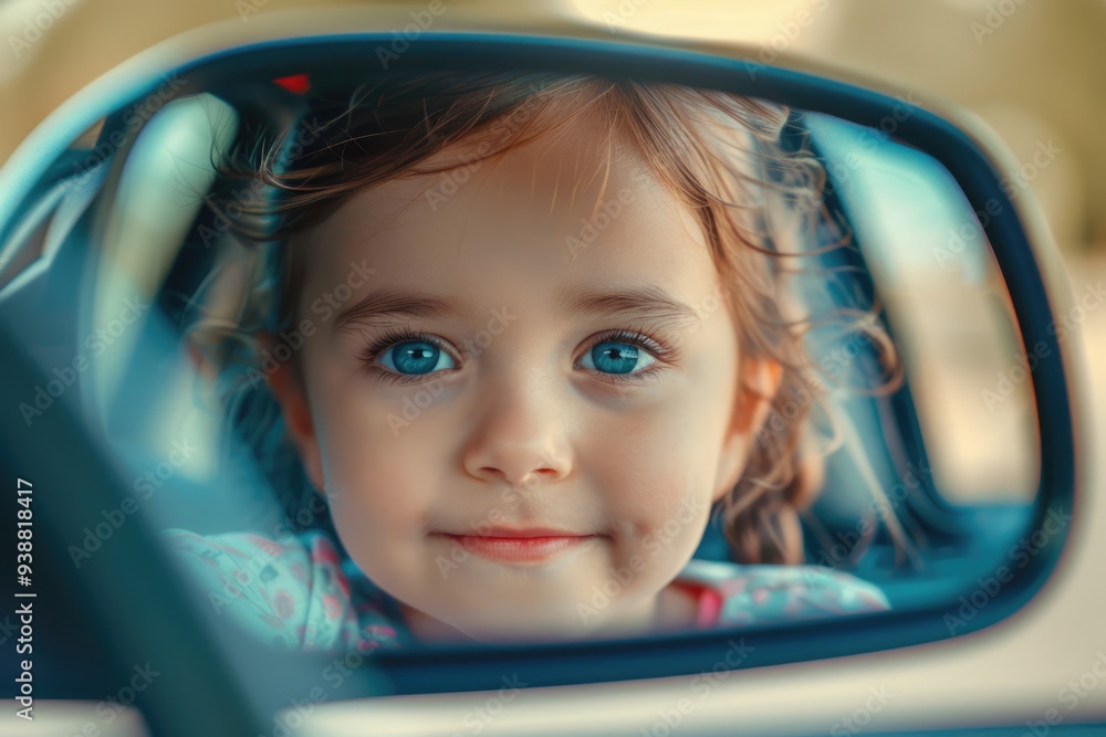 a cute little girl is reflected in the rear view mirror of a car a cute little girl is reflected in the rear view mirror of a car