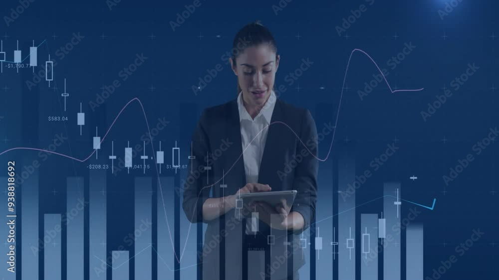 Analyzing financial data on tablet, businesswoman with stock market animation background Analyzing financial data on tablet, businesswoman with stock market animation background