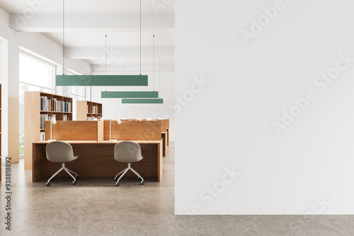 Library interior with work tables in row and shelf, window. Mock up wall